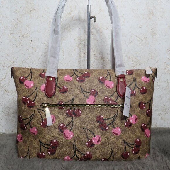 Coach Gallery Tote in Signature Canvas with Cherry Print (Tan) - Picture 3 of 6